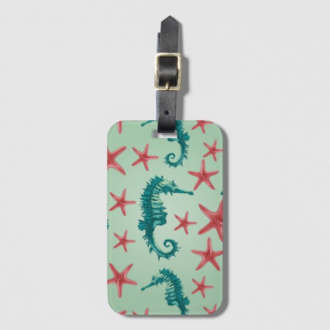 Teal Seahorse Pattern 2 Luggage Tag (Front Vertical)