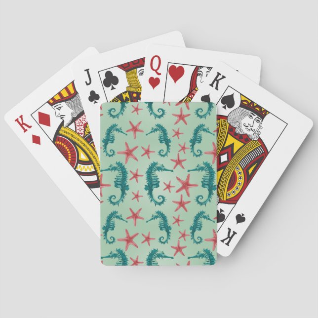 Teal Seahorse Pattern 2 Playing Cards (Back)