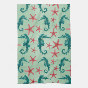 Teal Seahorse Pattern 2 Tea Towel
