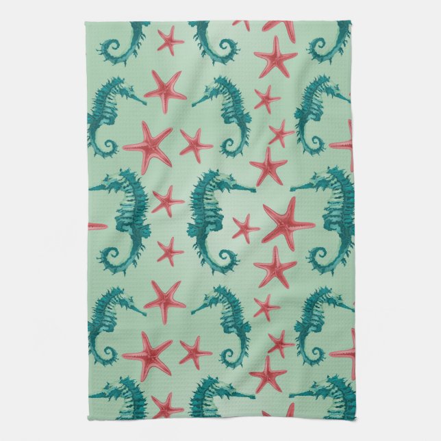 Teal Seahorse Pattern 2 Tea Towel (Vertical)