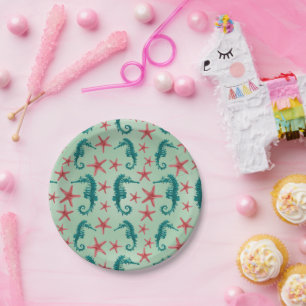 Teal Seahorse Pattern Paper Plate