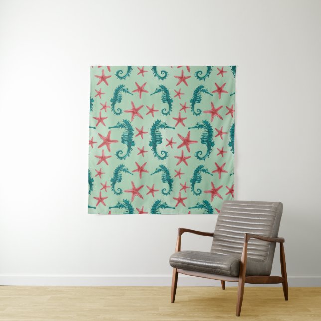 Teal Seahorse Pattern Tapestry (In Situ (Horizontal))