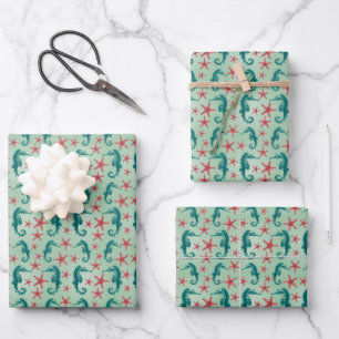 Teal Seahorse Pattern Wrapping Paper Sheet