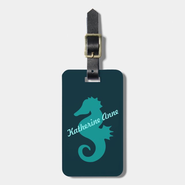 Teal Seahorse Personalised Luggage Tag (Front Vertical)