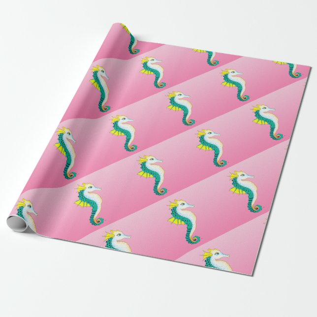 teal seahorse pink wrapping paper (Unrolled)