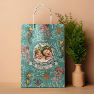 Teal Seahorse Serenade Custom Photo & Text Medium Gift Bag