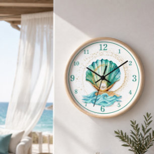 Teal Seashell and Pearl Wall Clock