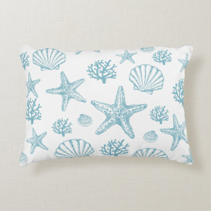 Teal Seashell Starfish Beachy Pattern Decorative Cushion