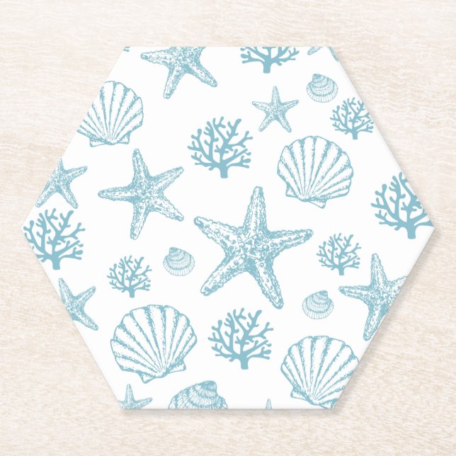 Teal Seashell Starfish Beachy Pattern Paper Coaster (Front)