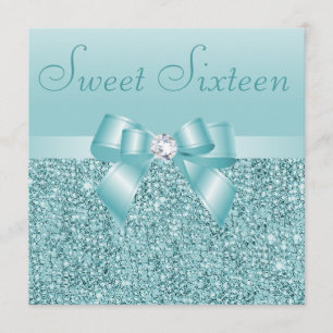 Teal Sequins, Bow & Diamond Sweet 16 Invitation