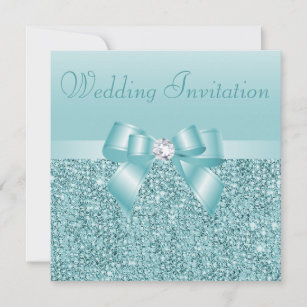 Teal Sequins, Bow & Diamond Wedding Invitation