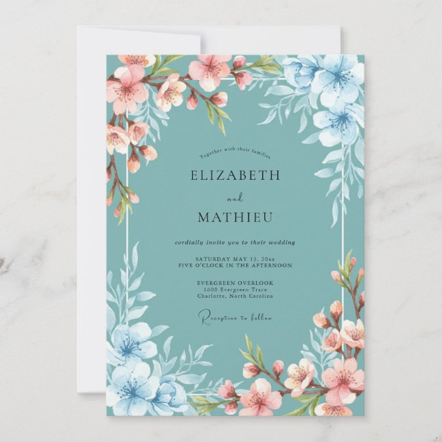 Teal Serene Blossom Spring Wedding Invitation (Front)