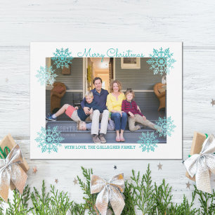 Teal Shimmering Chic Snowflake Holiday Photo Card