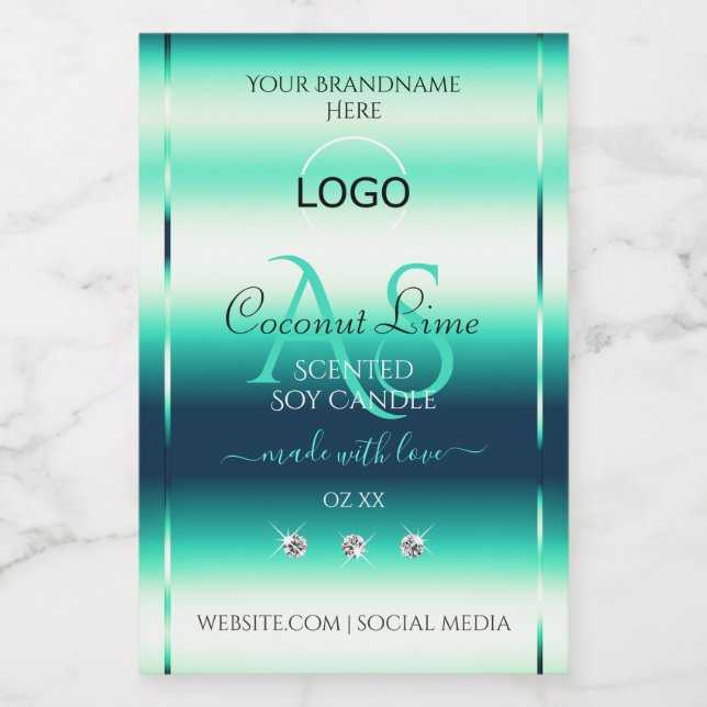 Teal Shimmery Product Label Diamonds Monogram Logo (Single Label)