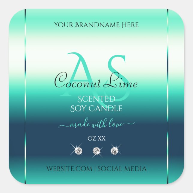 Teal Shimmery Product Labels Diamonds and Monogram (Front)