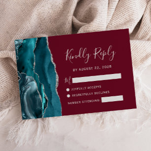 Teal Silver Agate Burgundy Wedding RSVP Card