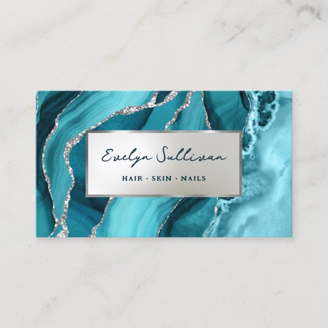 Teal Silver Agate Business Card (Front)