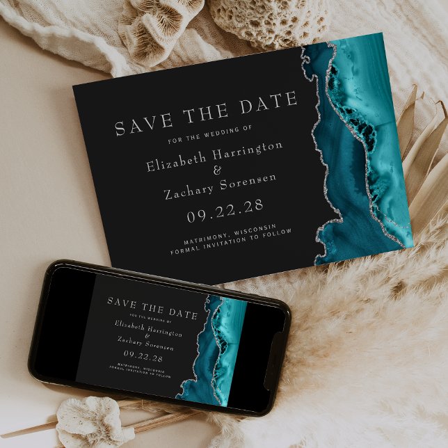 Teal Silver Agate Dark Save the Date Invitation (Creator Uploaded)