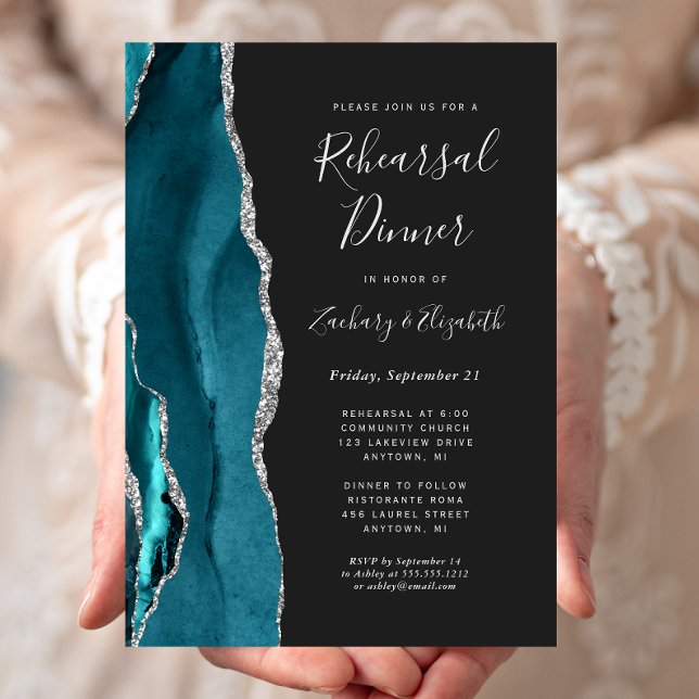 Teal Silver Agate Dark Wedding Rehearsal Dinner Invitation (Creator Uploaded)