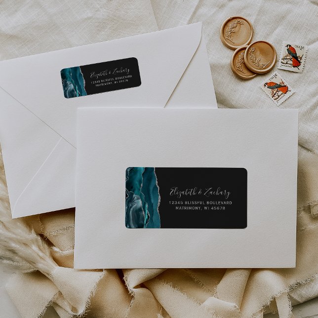 Teal Silver Agate Dark Wedding Return Address Label (Creator Uploaded)