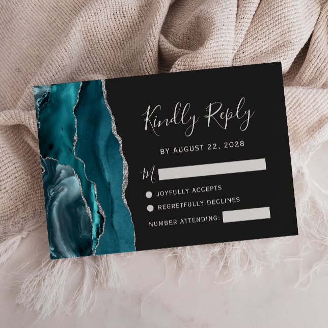 Teal Silver Agate Dark Wedding RSVP Card (Creator Uploaded)