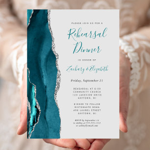 Teal Silver Agate Gray Wedding Rehearsal Dinner Invitation