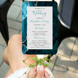Teal Silver Agate Grey Wedding Program Hand Fan