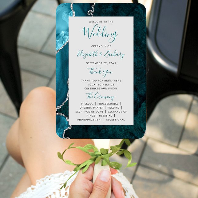Teal Silver Agate Grey Wedding Program Hand Fan (Creator Uploaded)