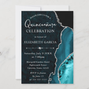 Teal Silver Agate Marble Glam Quinceañera Invitation