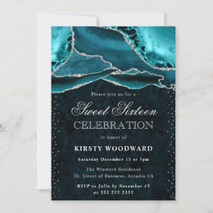 Teal Silver Agate Marble Glam Sweet 16 Invitation