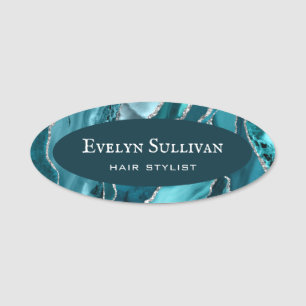 Teal Silver Agate Name Tag