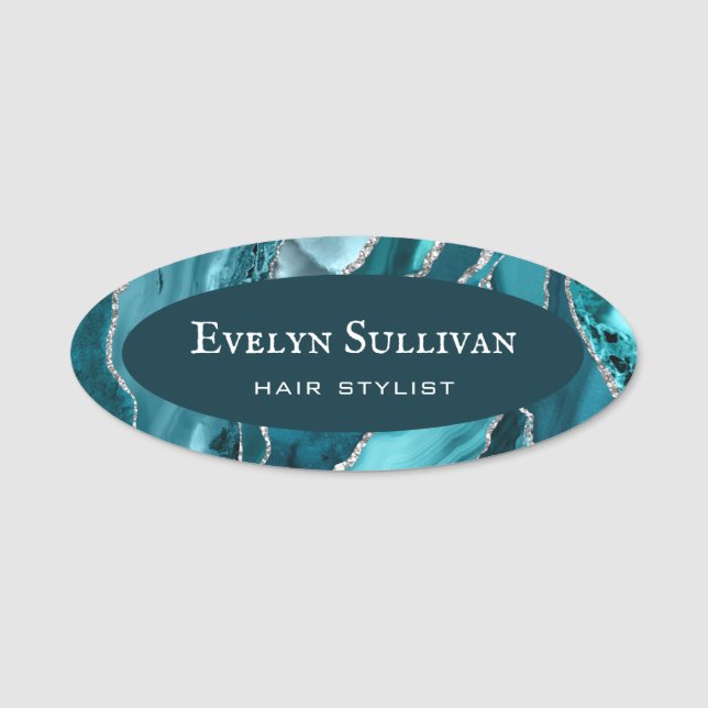 Teal Silver Agate Name Tag (Front)