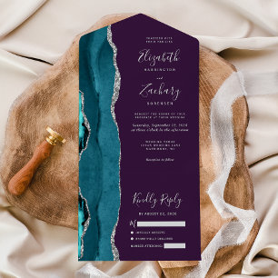 Teal Silver Agate Purple Wedding All In One Invitation