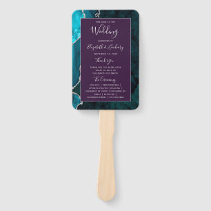 Teal Silver Agate Purple Wedding Program Hand Fan