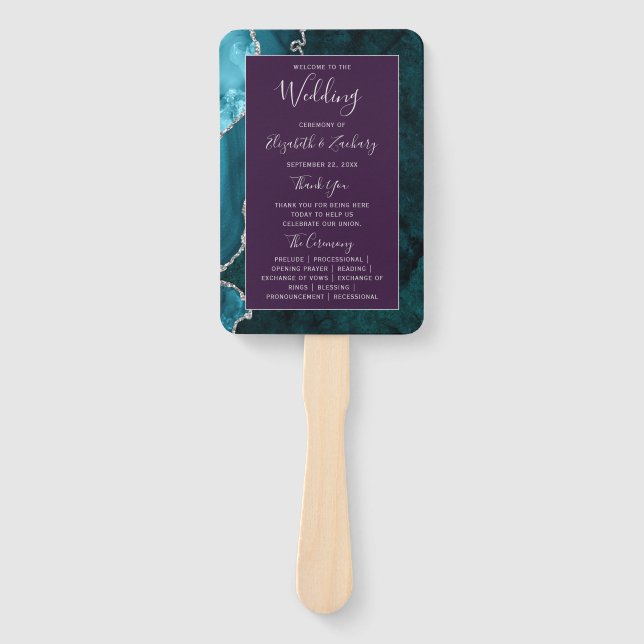 Teal Silver Agate Purple Wedding Program Hand Fan (Front)