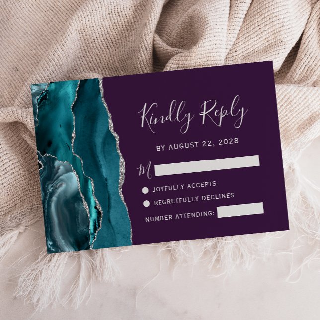 Teal Silver Agate Purple Wedding RSVP Card (Creator Uploaded)