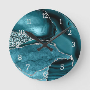 Teal Silver Agate Safari Glitter Leopard Print  Round Clock