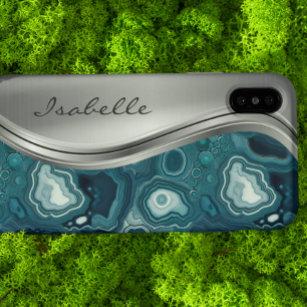 Teal Silver Agate Stone Personalised Metal Case-Mate iPhone 14 Case