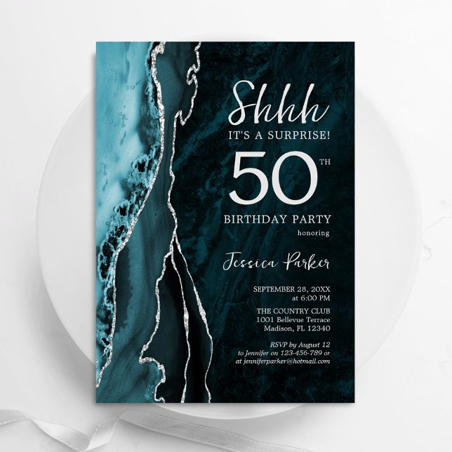 Teal Silver Agate Surprise 50th Birthday Invitation (Creator Uploaded)