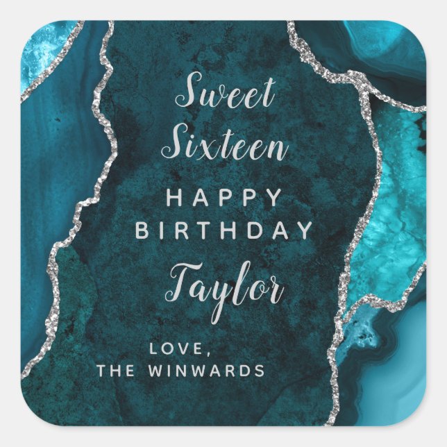 Teal Silver Agate Sweet Sixteen Happy Birthday Square Sticker (Front)