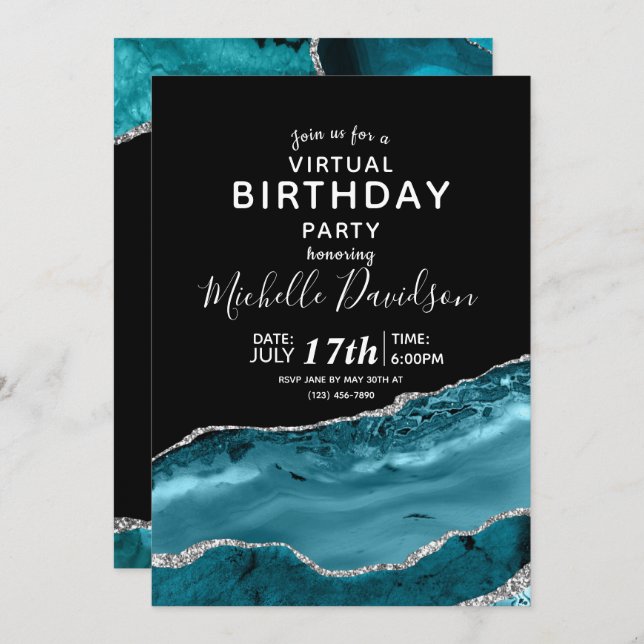 Teal & Silver Agate Virtual Birthday  Invitation (Front/Back)