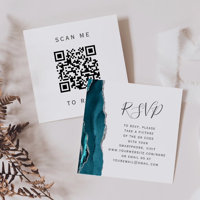 Teal Silver Agate Wedding QR Code RSVP Enclosure Card (Creator Uploaded)