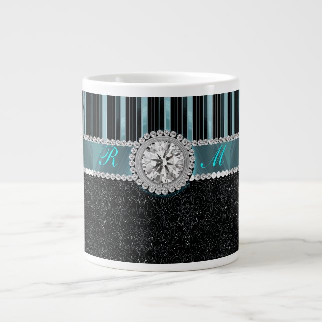 Teal , Silver and Black Diamond Monogram Large Coffee Mug (Front)