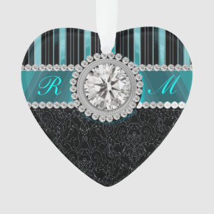 Teal , Silver and Black Diamond Monogram Ornament