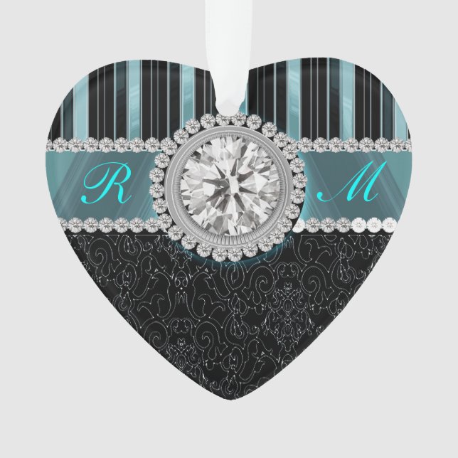 Teal , Silver and Black Diamond Monogram Ornament (Front)