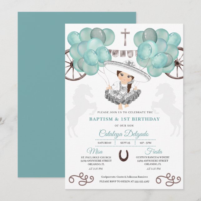 Teal & Silver Balloons Mexican Baby Charra Baptism Invitation (Front/Back)