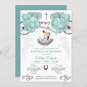Teal & Silver Balloons Mexican Baby Charra Baptism Invitation