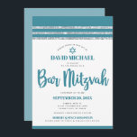 Teal Silver Bar Mitzvah Tallit Simple Modern Bold  Invitation<br><div class="desc">Be proud, rejoice and showcase this milestone of your favourite Bar Mitzvah! Send out this cool, unique, modern, personalised invitation for an event to remember. Bold, dusty teal blue script typography, Star of David and a dusty teal blue and silver glitter striped tallit inspired graphic overlay a simple, white background....</div>