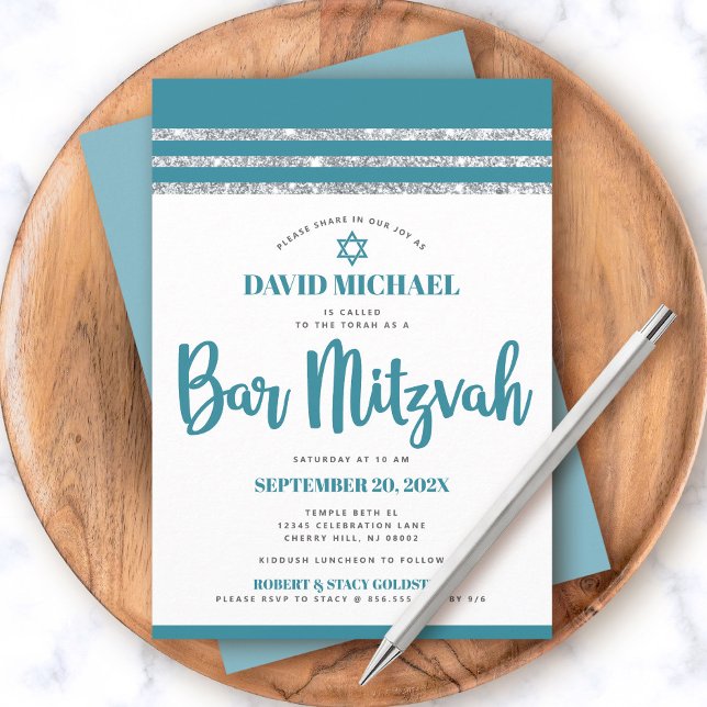 Teal Silver Bar Mitzvah Tallit Simple Modern Bold  Invitation (Creator Uploaded)