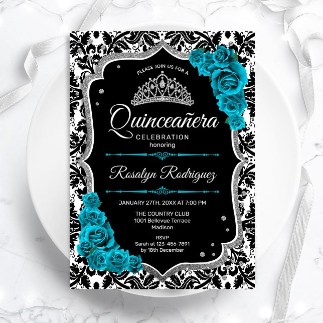 Teal Silver Black Damask Elegant Quinceanera Invitation (Creator Uploaded)